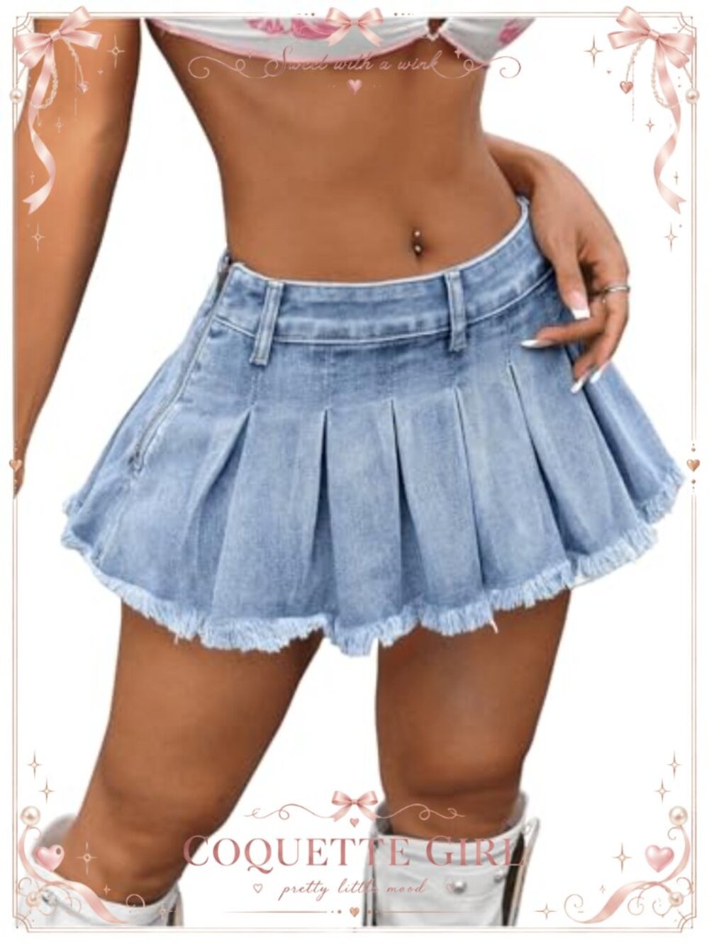 Women's Y2K Low Waist Pleated Denim Mini Skirt Raw Hem Ruffle Jean Skirt